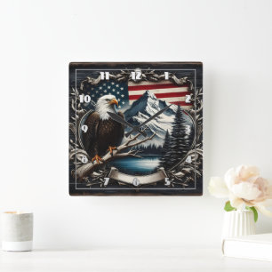 Horloge Carrée Aigle Majestic Avec Arrière - plan Drapeau América