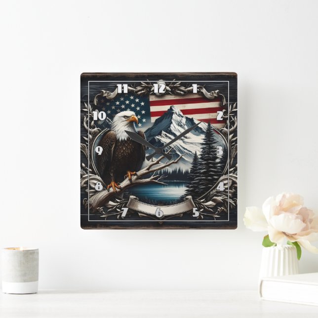 Horloge Carrée Aigle Majestic Avec Arrière - plan Drapeau América (Maison)