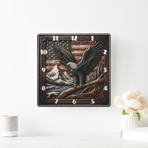 Horloge Carrée Aigle Majestic avec des montagnes et drapeau améri