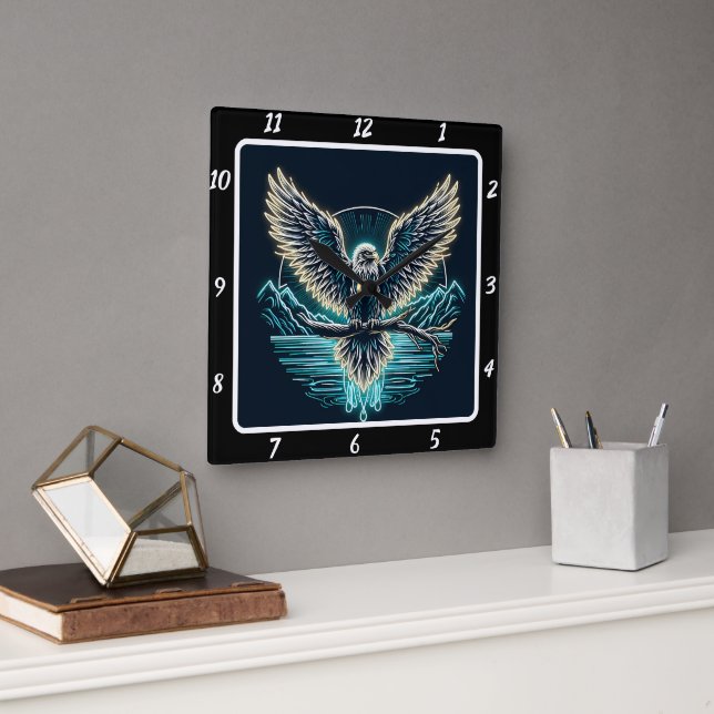 Horloge Carrée Aigle Majestueux Neon Glow (Bureau)