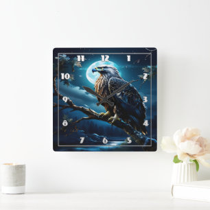 Horloge Carrée Aigle Majestueux Perché Sous Ciel Lune