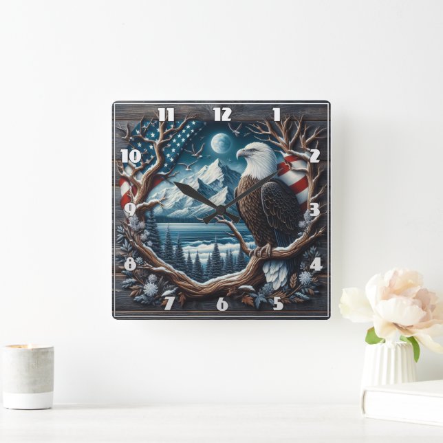 Horloge Carrée Aigle majestueux perché sur un arbre avec drapeau  (Maison)