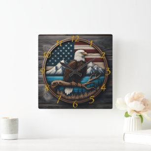 Horloge Carrée Aigle sur branche, drapeau américain