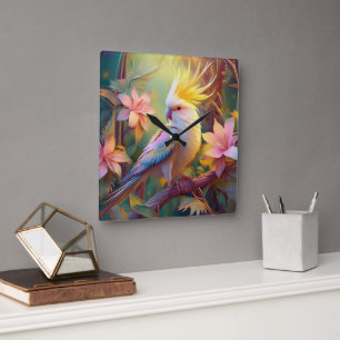 Horloge Carrée Aile Iridescente Cockatiel Imaginaire Oiseau