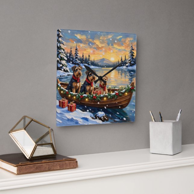 Horloge Carrée Airedale Terrier Christmas Boat Holiday (Bureau)