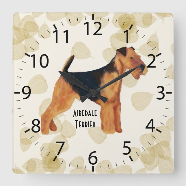 Horloge Carrée Airedale Terrier ~ Tan Design Feuille (Recto)