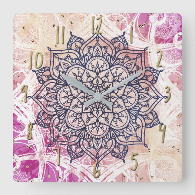 Horloge Carrée Airy Mandala Happy Pink Purple Yellow (Recto)