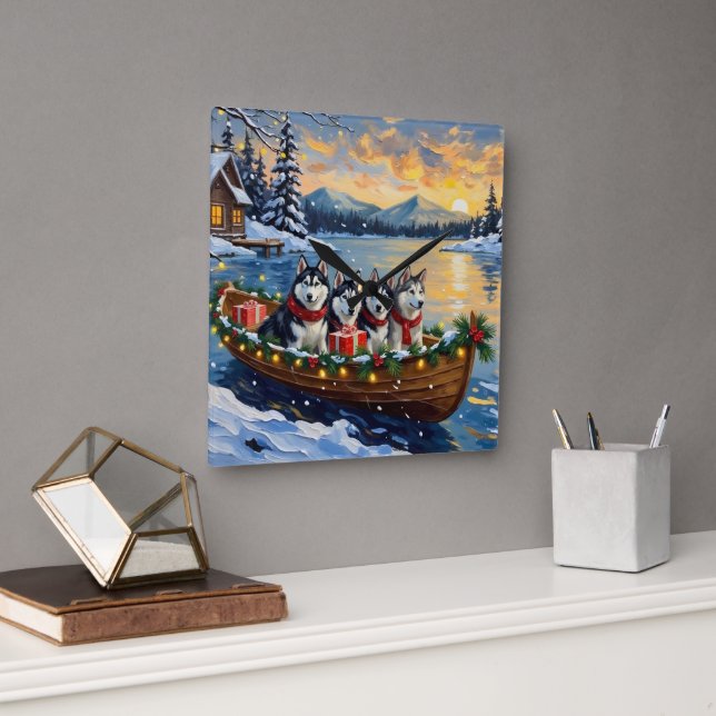 Horloge Carrée Alaskan Malamute Christmas Boat Holiday (Bureau)