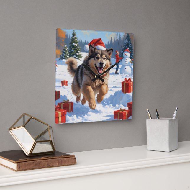 Horloge Carrée Alaskan Malamute Noël Festive Scène de neige (Bureau)
