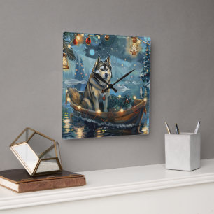Horloge Carrée Alaskan Malamute Noël Festive Voyage