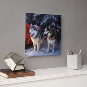 Horloge Carrée Alaskien Malamute Snowy Sleigh Ride Noël