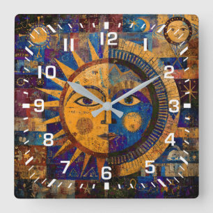 Horloge Carrée Alchimie Céleste Mystique Soleil Lune