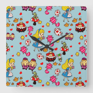 Horloge Carrée Alice Wonderland Chapelier Fou Chat Doodle Art par