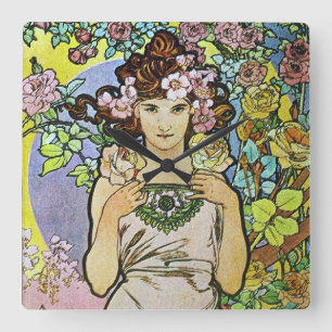 Horloge Carrée Alphonse Mucha Art Nouveau Floral fille