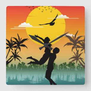 Horloge Carrée Amant de la Silhouette du Coucher de Soleil Cadeau