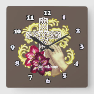 Horloge Carrée Amaryllis Croix Chrétien