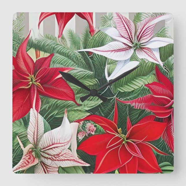 Horloge Carrée Amaryllis Poinsettia Hybride AI Art (Recto)
