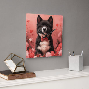 Horloge Carrée American Akita avec Rose - Saint Valentin