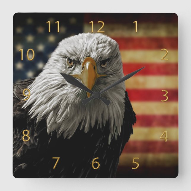 Horloge Carrée American Bald Eagle on Grunge Flag (Recto)