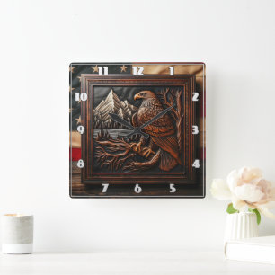 Horloge Carrée American Eagle Carving avec Arrière - plan de mont
