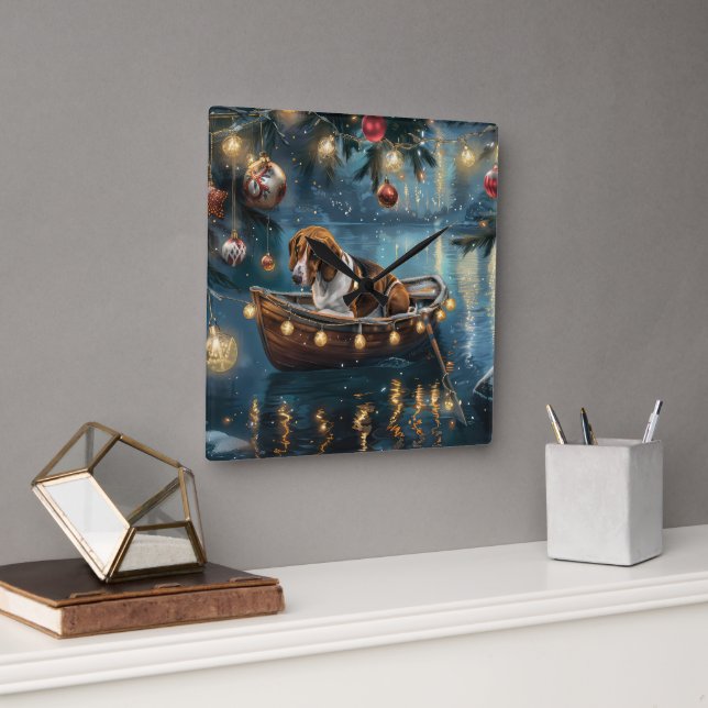 Horloge Carrée American English Foxhound Christmas Festive Voyage (Bureau)