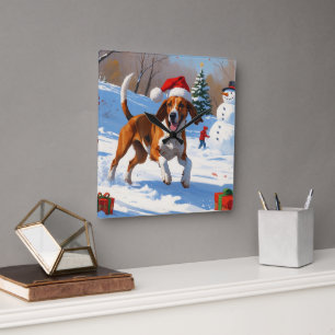 Horloge Carrée American English Foxhound Noël Festive Neige