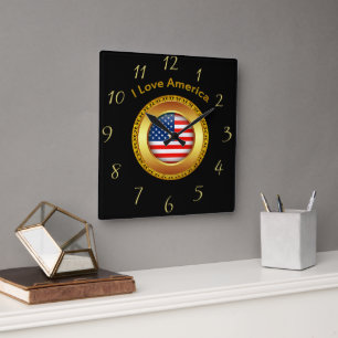 Horloge Carrée American nation flag with a gold frame