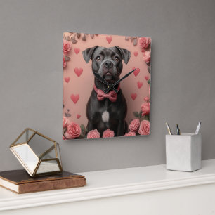 Horloge Carrée American Staffordshire avec Roses - Saint-Valentin