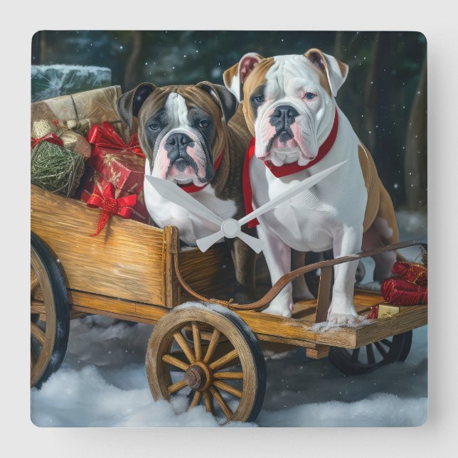 Horloge Carrée American Staffordshire Snowy Sleigh Noël (Recto)