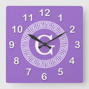 Horloge Carrée Améthyste Wht Cadre Rnd Clé Grecque Monogramme Ini