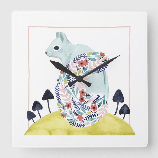 Horloge Carrée Amis de Clementine | Écureuil d'art populaire (Recto)