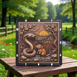 Horloge Carrée Amis du Coucher de Soleil Serpent Rat