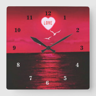 Horloge Carrée Amour du coucher de soleil - Romantique - Noir Rou