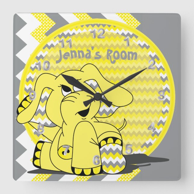 Horloge Carrée Amusant jaune Chevron Silly Elephant (Recto)