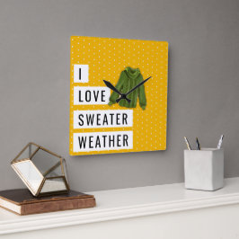 Horloge Carrée Amusants J'AIME SWEATER MÉTÉO Typographie Pois