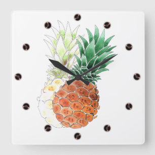 Horloge Carrée Ananas, aquarelle.