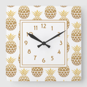 Horloge Carrée Ananas dorés élégants blancs 