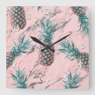 Horloge Carrée Ananas et marbre rose tourbillonnant chic tropical