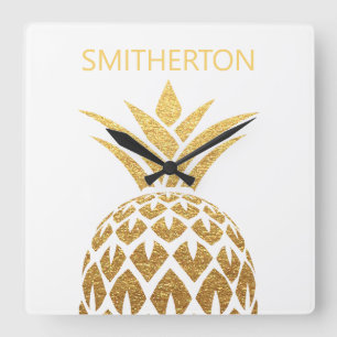 Horloge Carrée Ananas Or élégant Blanc Nom de famille