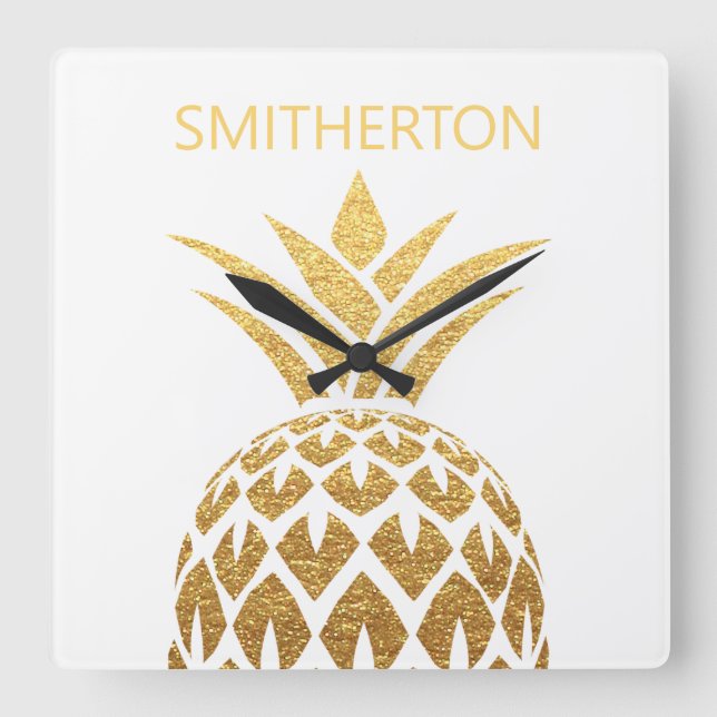 Horloge Carrée Ananas Or élégant Blanc Nom de famille (Recto)