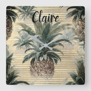 Horloge Carrée Ananas vintage sur huile d'or rayé