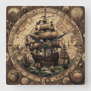 Horloge Carrée Ancien bateau à voile pirate 1