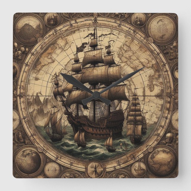 Horloge Carrée Ancien bateau à voile pirate 1 (Recto)