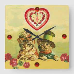 HORLOGE CARRÉE ANCIENNE MODE AMUSANTE VALENTINES JOURNÉE CHATS, C