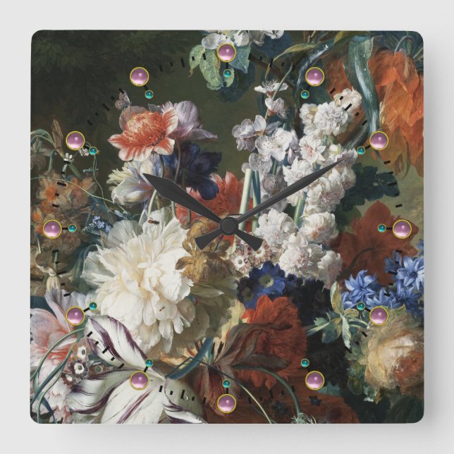 HORLOGE CARRÉE ANCIENS FLEURS FLORALES ROSES, ANÉMONES ROUGES BLA (Recto)