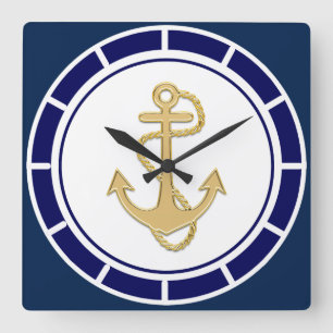 Horloge Carrée Ancre dorée centrale Marine Bleu Nautique