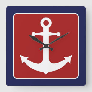 Horloge Carrée Ancre nautique - blanc et bleu rouges
