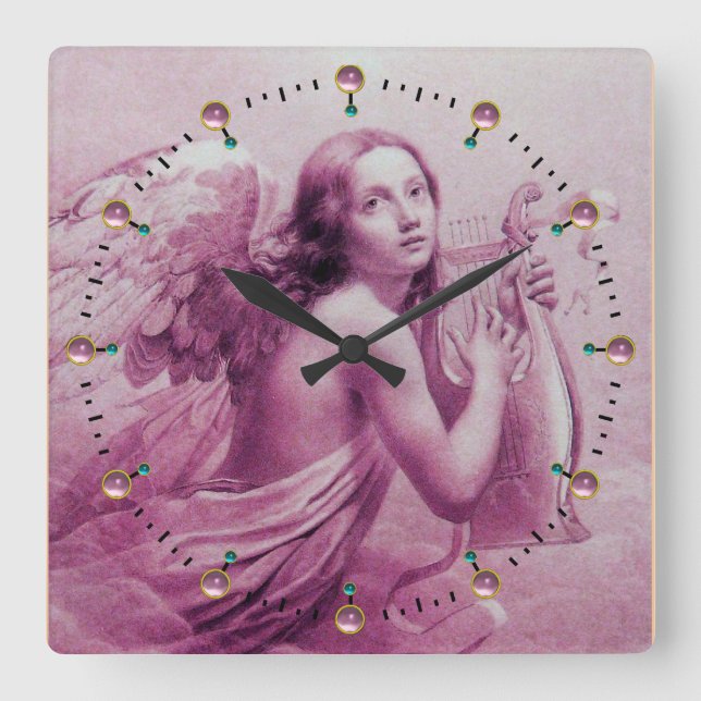 Horloge Carrée ANGE JOUER LYRA SUR LES NUAGES Rose (Recto)