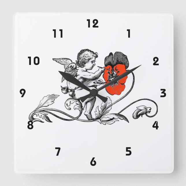 Horloge Carrée Ange Peinture D'Une Fleur Rouge (Recto)