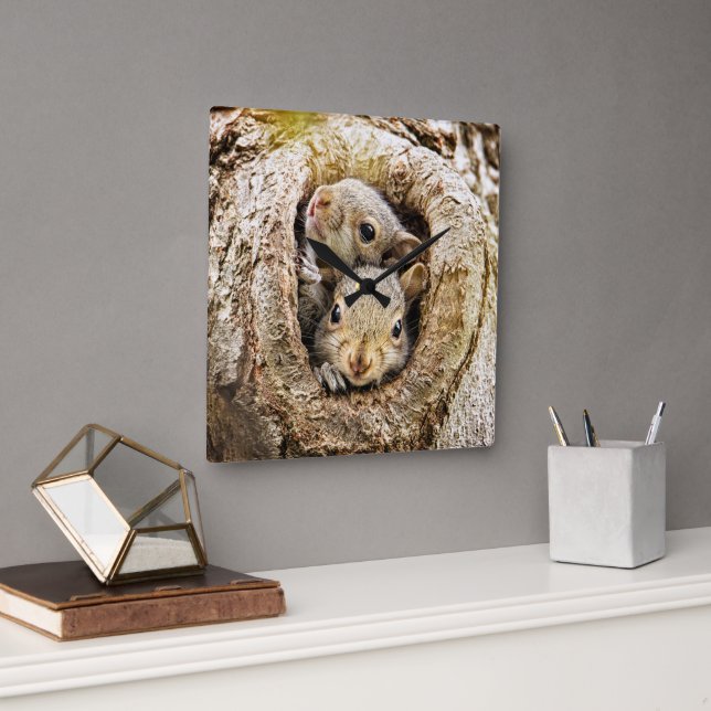 Horloge Carrée Animaux de bébés cutest | Écureuils curieux (Bureau)